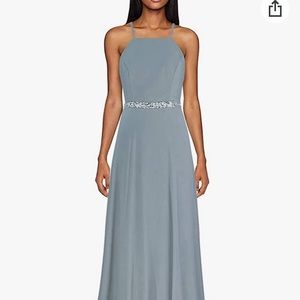 Full length grey formal dress with beaded belt